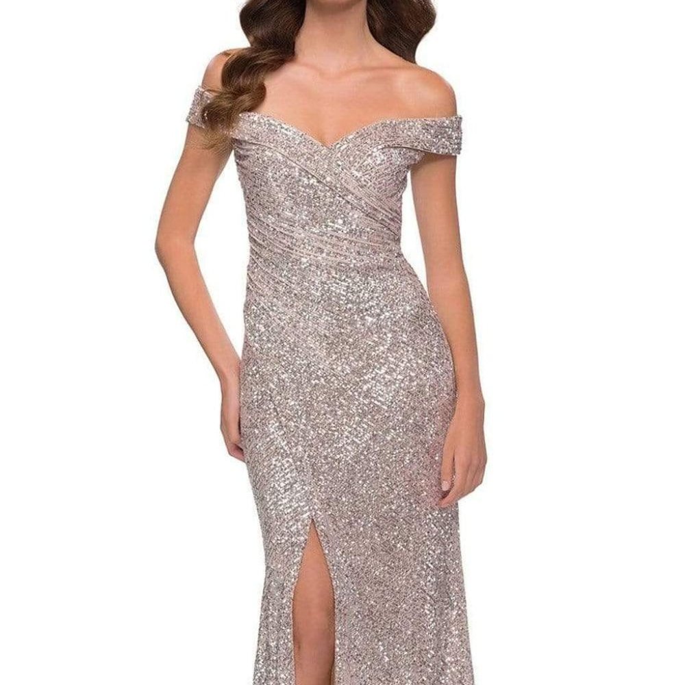 La Femme 29831SC Off Shoulder Sequined High Slit Silver Prom Dress Size 16